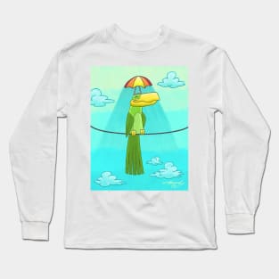 Umbrella Hat Bird Lounging on a Wire Long Sleeve T-Shirt